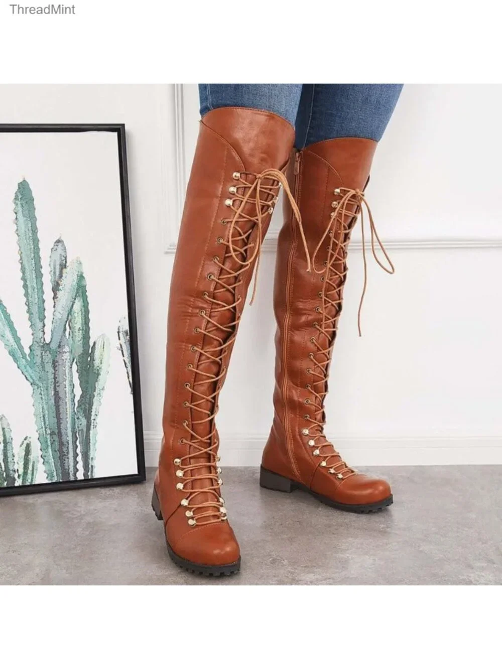 Over The Knee Boots Lace-up Flat Long Boot PU Leather Riding Boot Women
